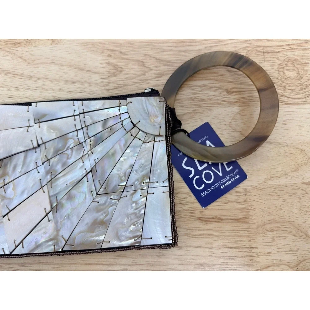 NEW Vintage Mother of Pearl MAD Handbag Sea Cove Bead Handle Horn Clutch #25